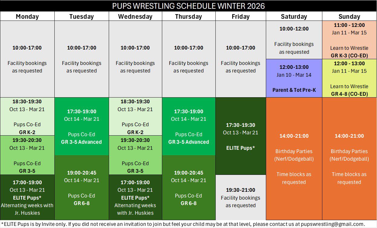 Pups Winter 2026 Schedule